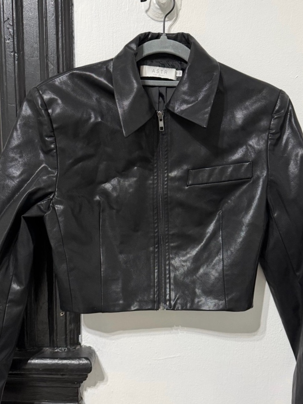Astr Black Faux Leather Cropped Zip Jacket